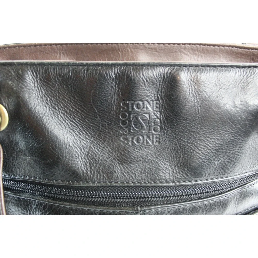 STONE & CO BLACK LEATHER SHOULDER HANDBAG MULTIPLE ZIPPER POCKETS